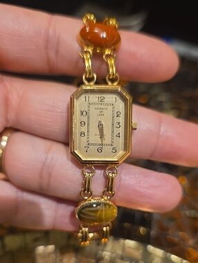 Kenneth Jay Lane Gold-Tone Watch with Amber and Brown Cabochons